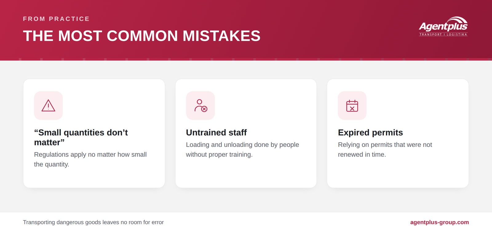 Infographic showing the most common mistakes in dangerous goods transport: underestimating small quantities, untrained staff, and expired permits